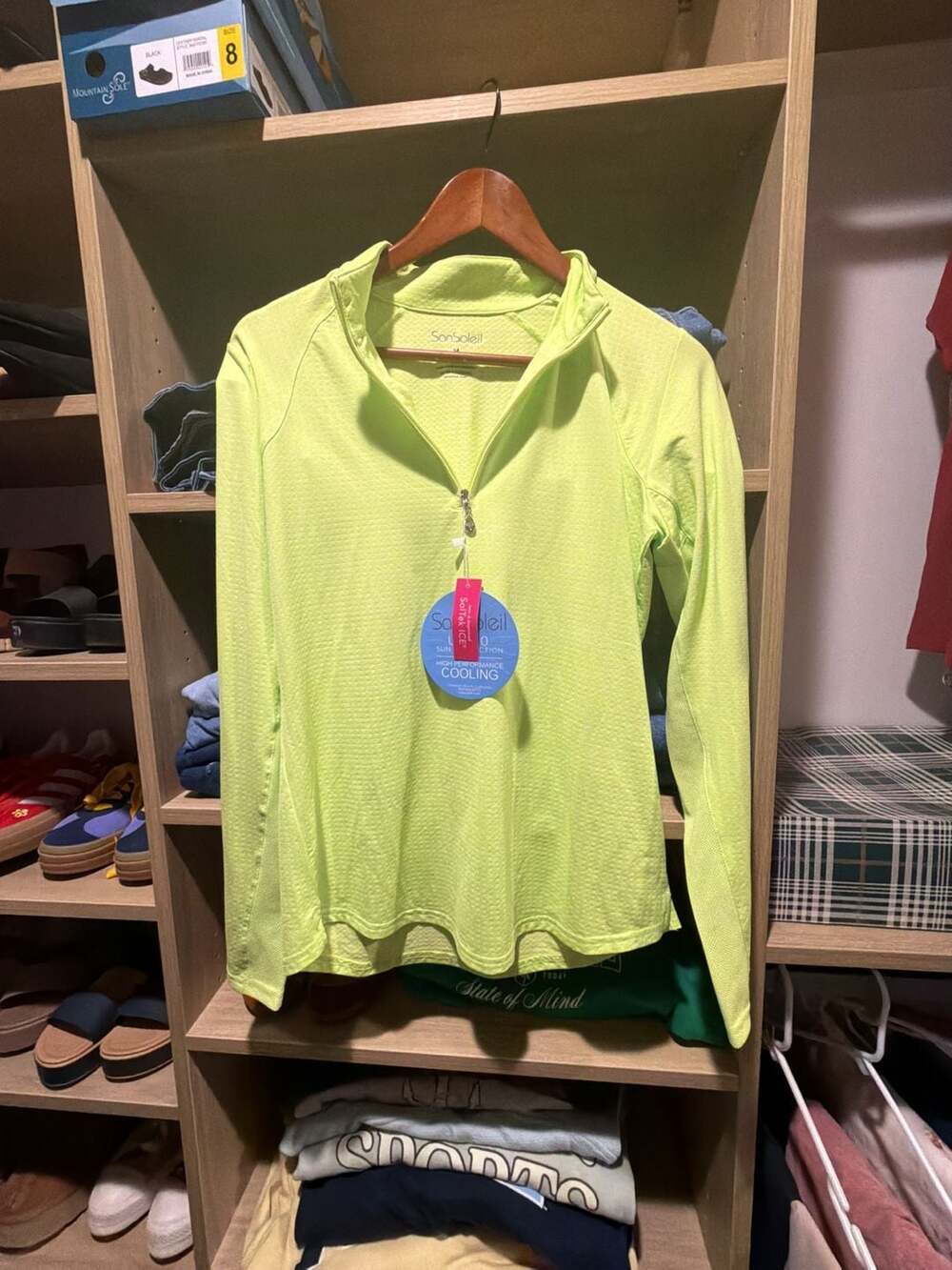 SanSoleil Women M Medium 1/4 Zip Solid Mock Top Lime UV 50 Golf Tennis Mesh Tops